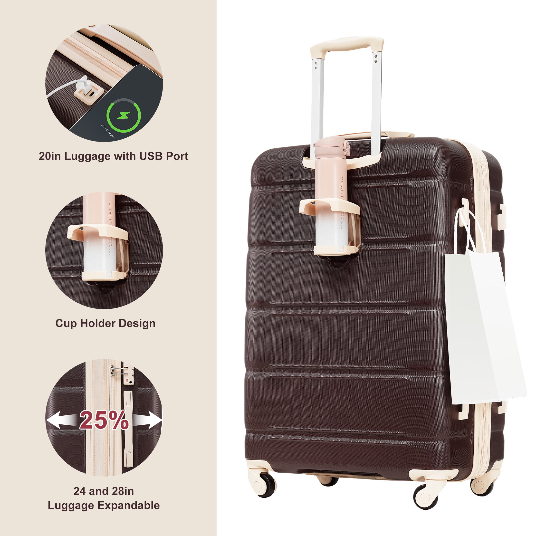 Aukfa 3 Piece Luggage Sets, Expandable Suitcase with USB Port, Cup Holder and Spinner Wheels, Brown