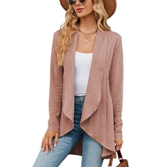 Women Knit Open Front Jacket Jacquard Long Sleeve Pure Color Loose Fit Sweater Jacket Skin Pink M
