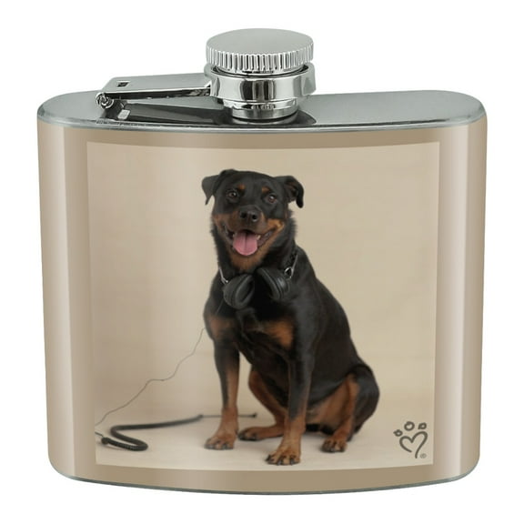 Rottweiler Dog Headphones Sitting DJ Stainless Steel 5oz Hip Drink Kidney Flask