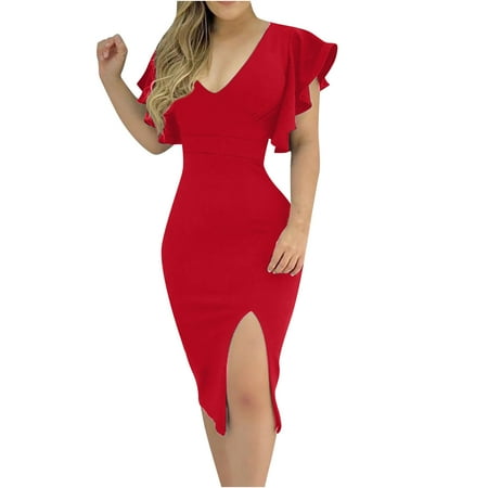 

Juebong Women Casual Sexy Deep V-Neck Mini Dress Slit Sleeveless Ruffle Buttocks Dress