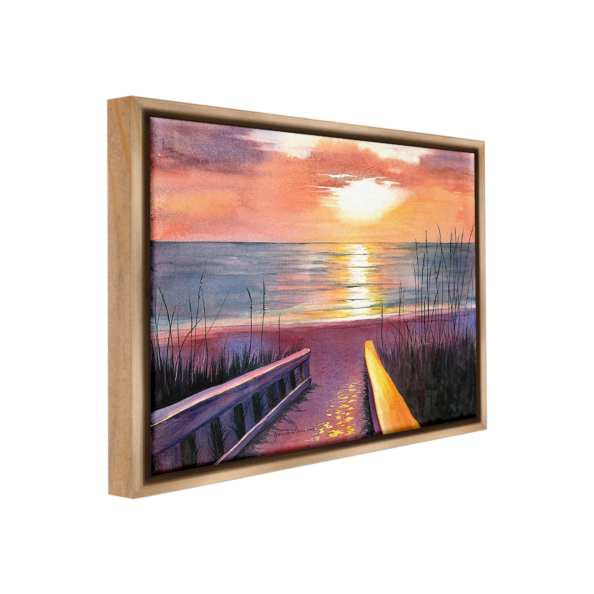 Stupell Industries Sunlit Beach Pathway Landscape Painting Brown Floater Framed Canvas Art Print Wall Art, 21 x 17