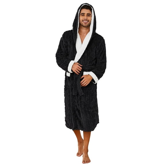 Vulcanodon Mens Robe with Hood,Full Length Plush Robe for Men Contrast Thick Fleece Bathrobe (Black, Large-X-Large)