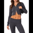 thumbnail image 3 of Conjunto de Dos Piezas de Punto para Mujer: Suéter de Larga con Cremallera, Sudadera Corta con Capucha y Pantalón Acampanado. Gris Oscuro M, 3 of 7