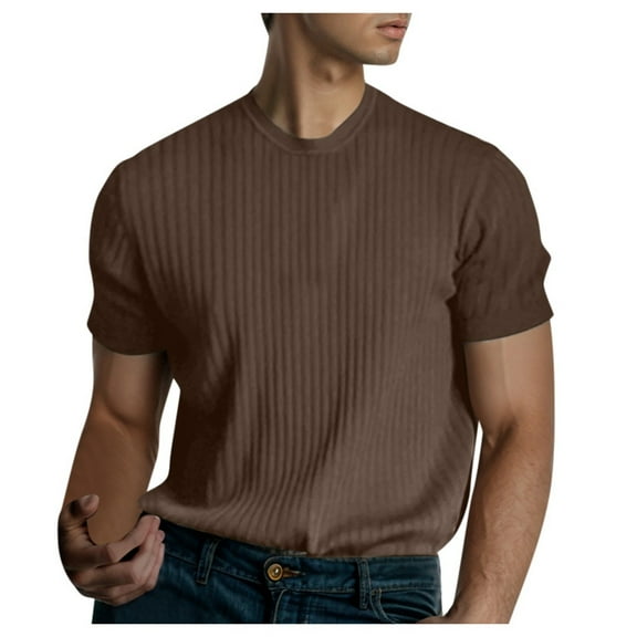 Fgnfyis Men's Muscle T Shirts Stretch Short Sleeve Bodybuilding Workout Tee Shirts Ribbed Knit Shirt Mens T-shirts Brown XXXL