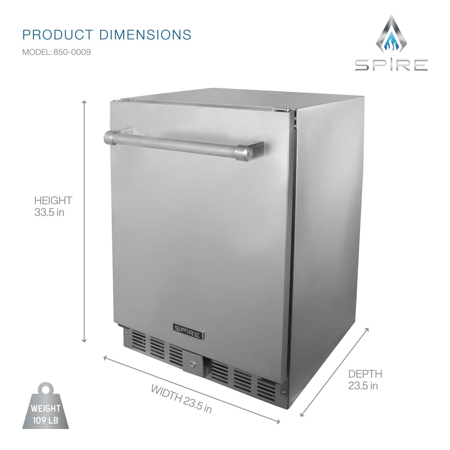 Spire 5.1 Cu Ft Built-In Refrigerator, Stainless Steel, Temp Control, 4 Shelves, Reversible Door, Indoor/Outdoor Use, Model 850-0009