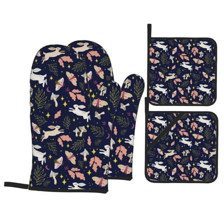 

Oven Mitts and Pot Holders 4 pcs Set Rabbit Mushroom Butterfly Leaf Heat Resistant Silicone Oven Mitts Pot Holders for Kitchen Baking Cooking Non-Slip Oven Gloves Hot Pads Potholders