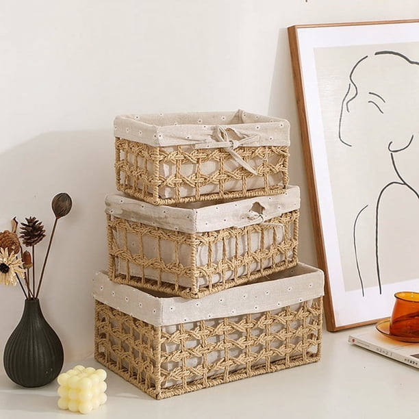 Cesta de Almacenamiento de Mimbre, Cesta de Mimbre Rectangular Decorativa con Cuerda de Papel Tejida A Mano, Caja de Almacenamiento en Forma de Cubo C