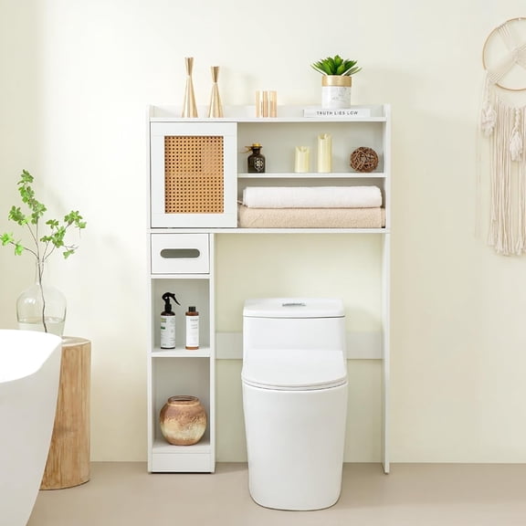Reliancer 6-Tier Over The Toilet Storage Cabinet, Bathroom Space Saver Organizer Shelves with Sliding Door, Adjustable Shelves