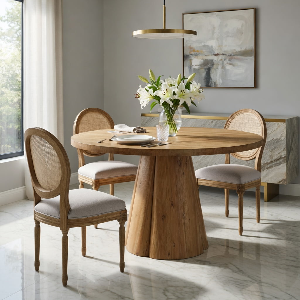 Hommoo 47.24" Solid Wood Round Dining Table, Farmhouse Pedestal Kitchen Table for 4 to 6 People, Natural