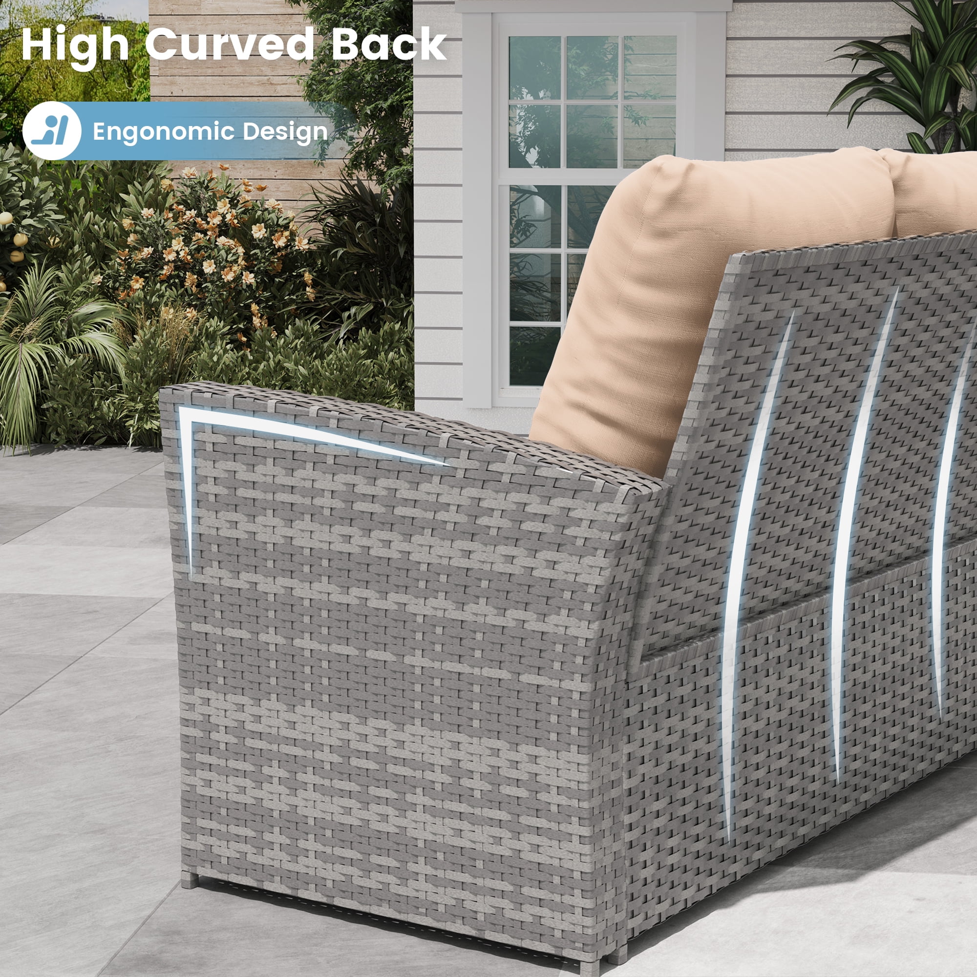 ELPOSUN 5 Pieces Outdoor Sectional PE Rattan Conversation Sofa Set with Gray Wicker, Beige