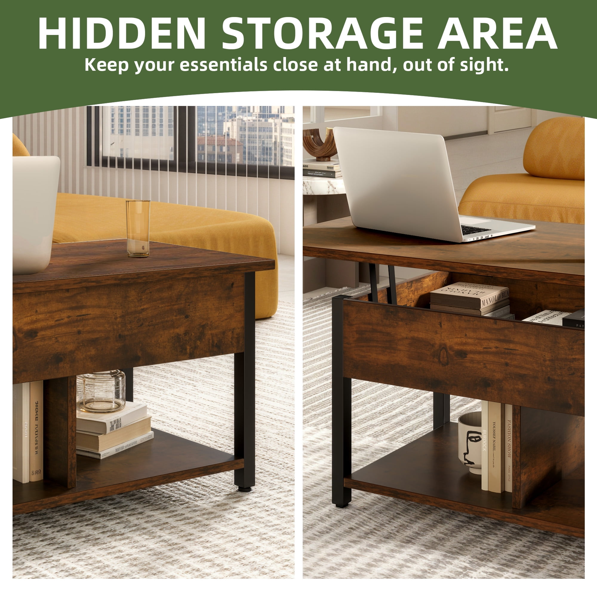 Uforic Coffee Table with Storage, Lift-Top Wooden Center Table for Home & Office, Rustic Brown