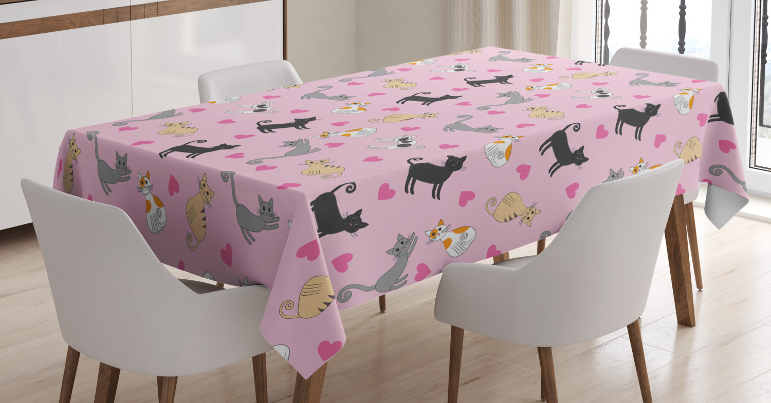 Kitty Tablecloth, Cats in Different Colors and Patterns among Pink