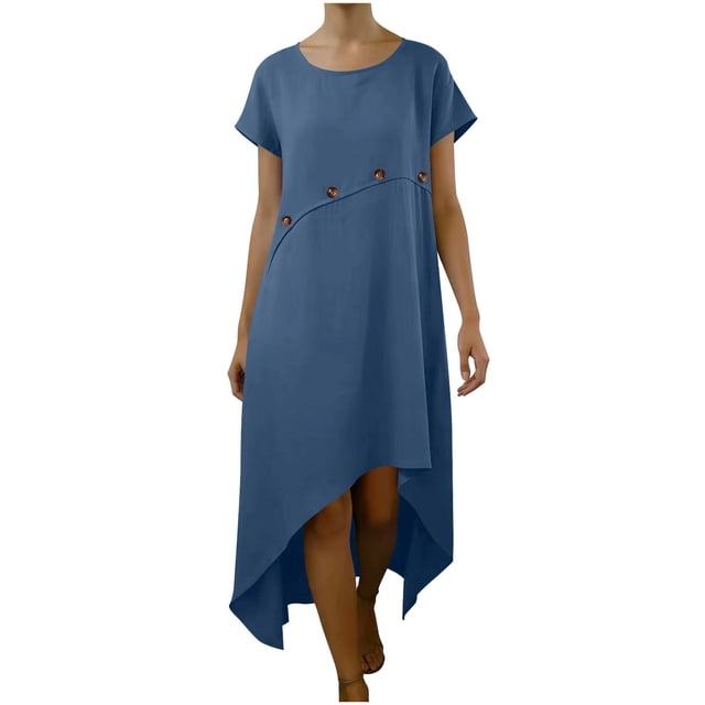 Nuoqisi Robe d'Été pour Femmes à Manches Courtes, Décontractée, Coupe Ample, Longue en Coton, Col Rond, Boutons, Ourlet Irrégulier, Robe Maxi de Printemps pour la Plage