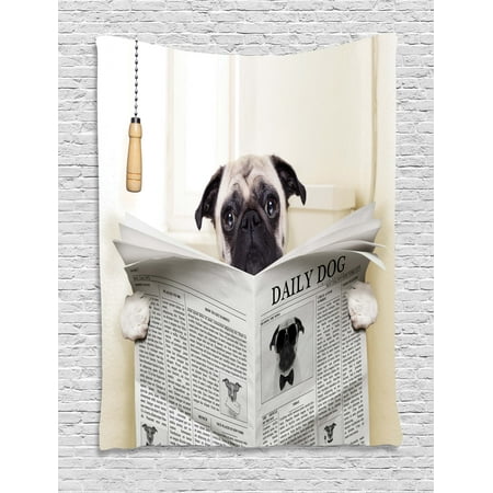 Bathroom Wall Hangings Pug Tapestry, Puppy Reading the Newspaper on the Toilet Bathroom Funny Image Pug Joke Print, Wall Hanging for Bedroom Living Room Dorm Decor, Cream Black White, by Ambesonne ()