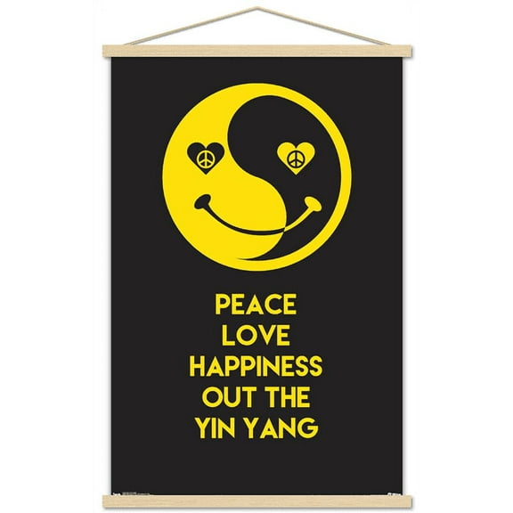 Peace Love Happy Wall Poster with Wooden Magnetic Frame, 22.375" x 34"