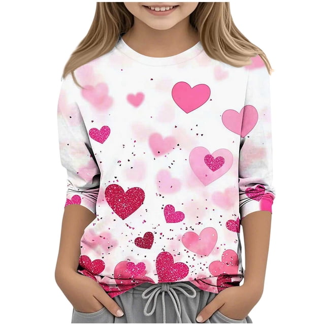 Chemises à Manches Longues, Vêtements pour Enfants avec Imprimé Cœur, Manches 3/4, Col Rond, Élégant et Décontracté