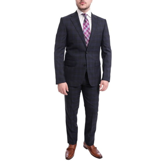 Napoli Slim Fit Navy Blue Plaid With Red Windowpane Half Canvassed Wool Suit