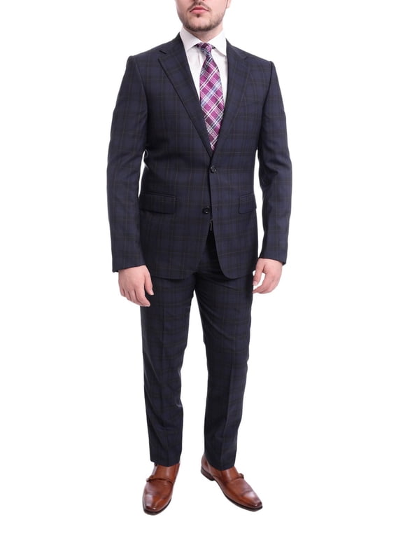 Slim Fit Navy Blue Plaid With Red Windowpane Half Canvassed Wool Suit