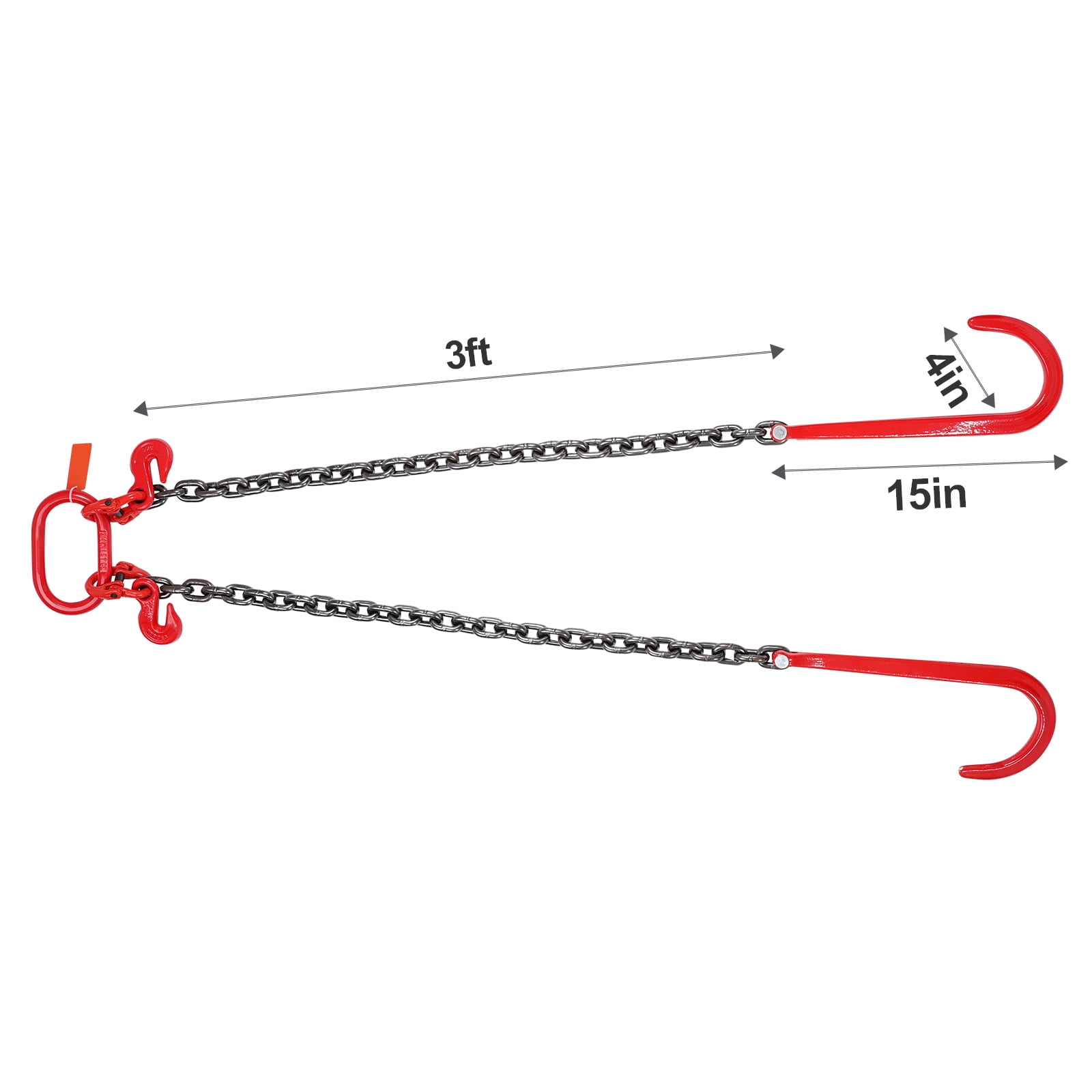 KFFKFF G80 V-Style Chain, 3/8" x 3' Bridle Chain with 15" J Hooks & Grab Hooks, Robust Transport Towing Chain Bridle with 7800 lbs Safe Load Capacity, Ideal for Flatbed Trailer Wrecker Salvage