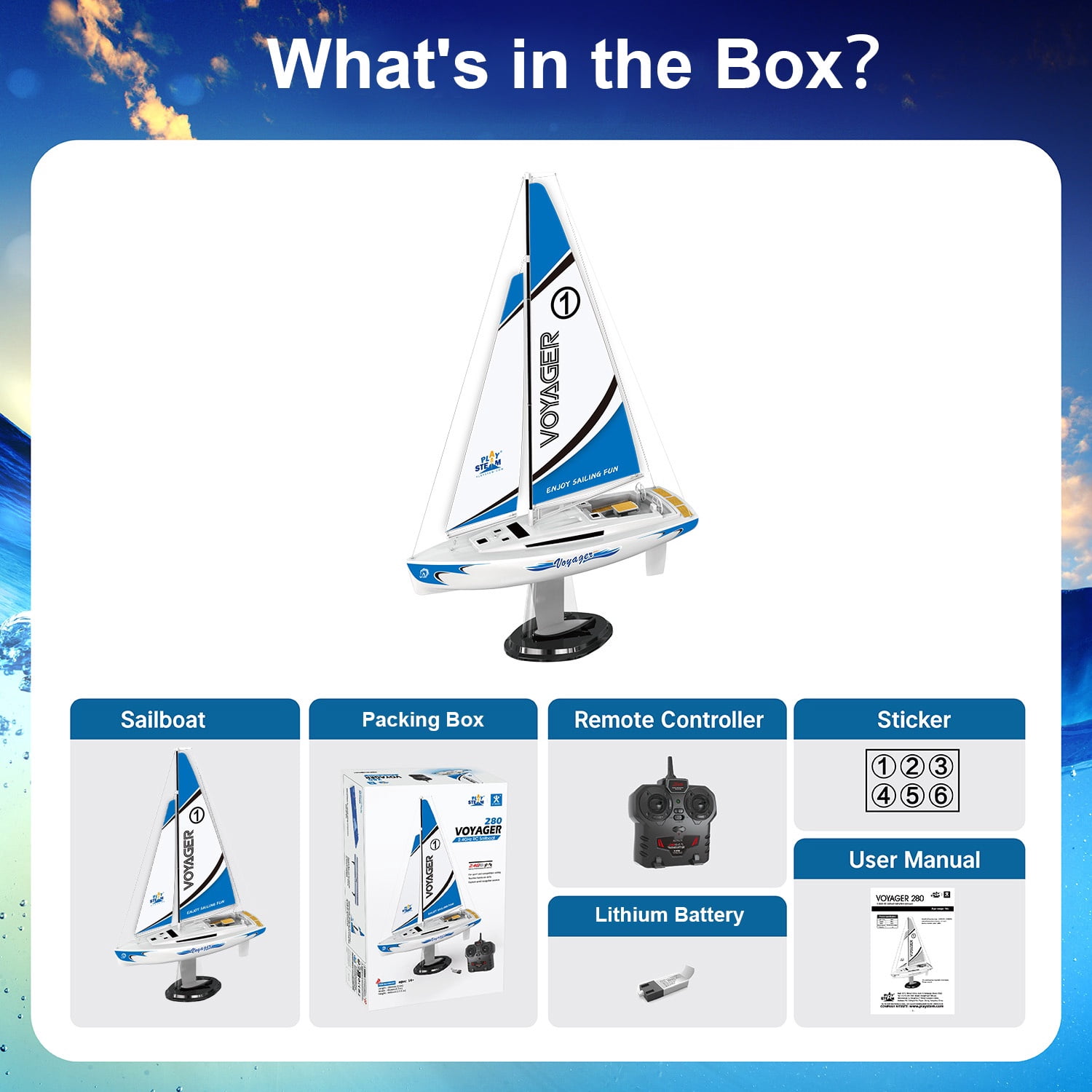 PLAYSTEAM Voyager 280 STEM Science 2.4GHz RC Sailboat Wind Powered Model with Adjustable Sail and Rudder for Learning Wind Direction , Blue