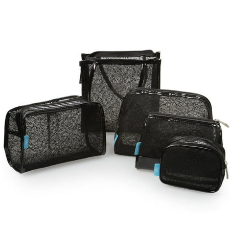 BMC Womens 5 pc Black Lace Carry On Cosmetic Mesh Travel Bags Pouch Set - Various Sizes of Sundry Zippered Clutch Tote Multipurpose Toiletries and Makeup Bag Purse Organizer