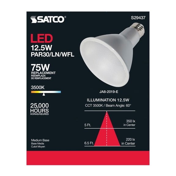 Satco LED 12.5 Watt 3500K PAR30LN Light Bulbs, 40 Degree Beam Angle 6 Pack