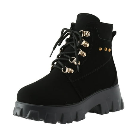 

Black Boots for Women Ladies Fashion Solid Color Leather Casual Biker Boots Lace Up Platform Booties Ankle Boots for Women PU Black