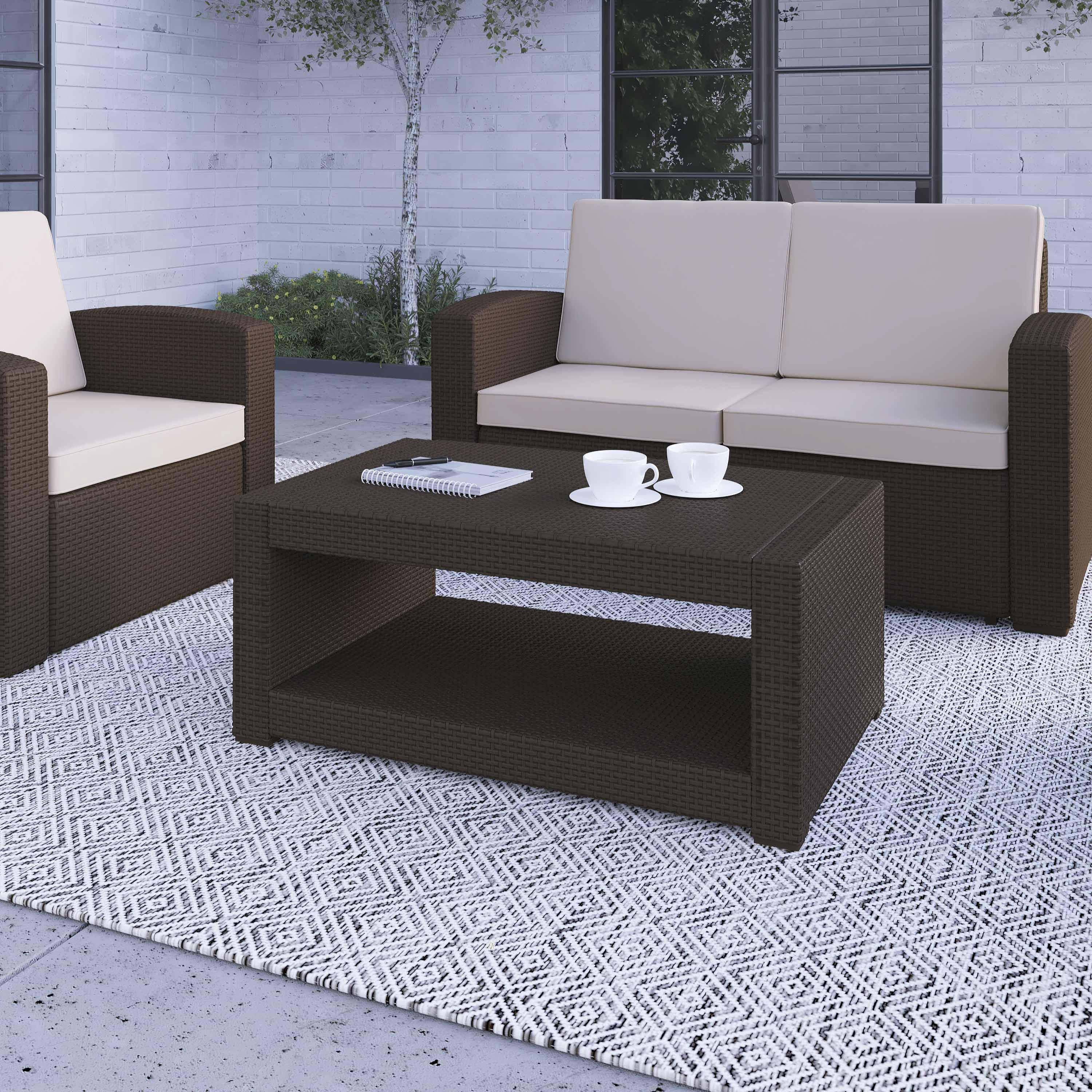 Merrick Lane Outdoor Furniture Coffee Table Chocolate Brown Faux Rattan Wicker Pattern All-Weather Patio Coffee Table With Shelving