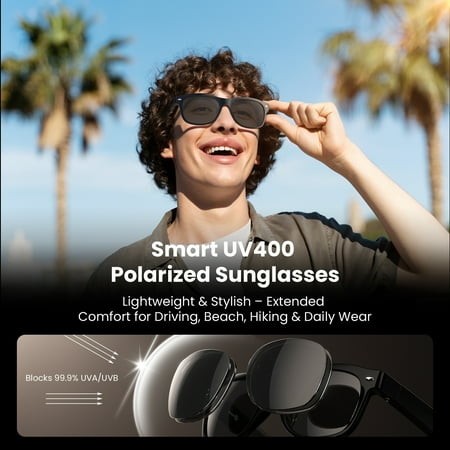 WeariQ Bluetooth Smart Glasses – Shiny Black Audio Sunglasses – Black Polarized Lenses, Open-Ear Speaker, 10-Hour Playtime, Hands-Free Calls, Voice AssistantHands-Free Calls & Music