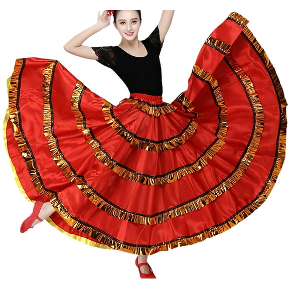 Women Satin Spanish Flamenco Dance Skirt Swing Modern Ruffle Pleated Frill Ballroom Dancewear