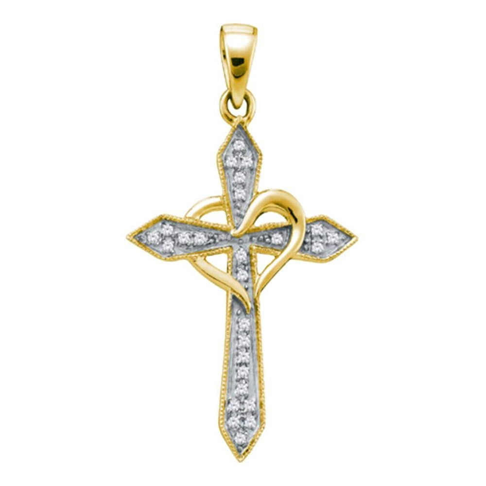 10kt Yellow Gold Diamond Cross Heart Necklace Pendant 1/10 Ctw