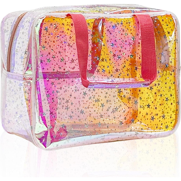 GUENG Holographic Star Clear Cosmetic Bag, Waterproof TPU Travel Makeup Pouch with Handle & Zipper for Toiletries