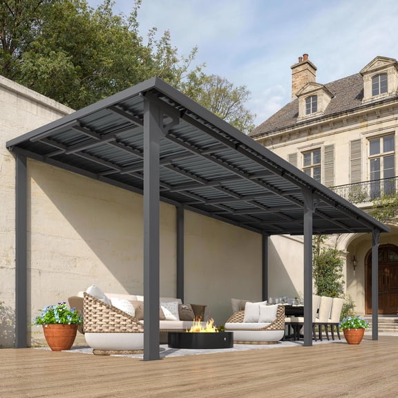 AECOJOY 20' x 8 Outdoor Hardtop Metal Gazebo, Large Lean-to Wall Mounted Pergola, Galvanized Steel Heavy Duty Patio Awning & Grill Gazebo for Backyard & Decks