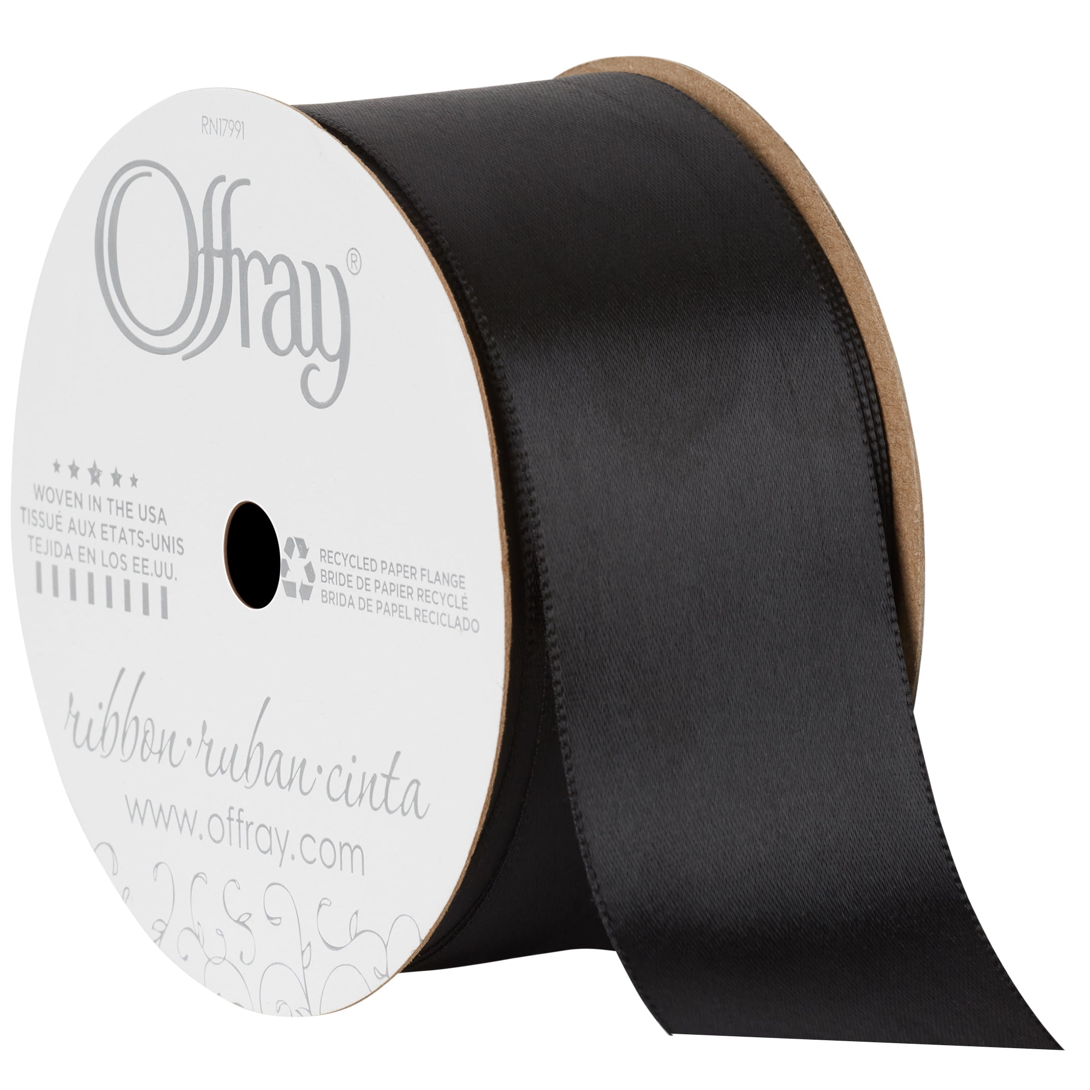 Offray Ribbon, Black 1 1/2 inch Single Face Satin Polyester Ribbon, 12 feet