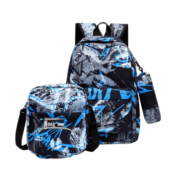 3 in 1 School Backpack Set with Lunch Bag & Pencil Case, Waterproof Blue Camouflage Graffiti Print Bookbag for Boys Girls Teens Students, Durable Nylon for College Travel Commute