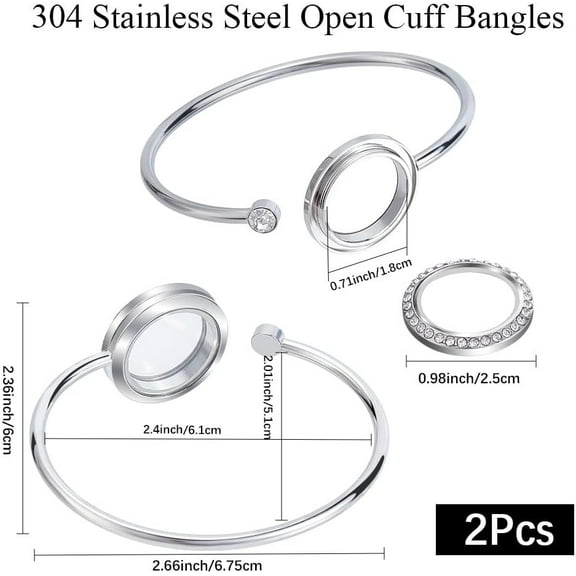 2Pcs 304 Stainless Steel Floating Memory Bracelet Silver Rhinestone Open Cuff Floating Glass Locket Bracelet Bangles for Women DIY Jewelry Making