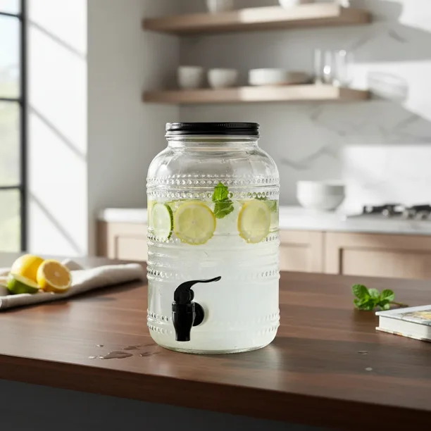 Dispensador de Bebidas, Vitrolero Estilo Mason Jar, Diseño Relieve Puntos con Tapa Hermética y Llave Plástica Color Negro, Capacidad 3.8 L