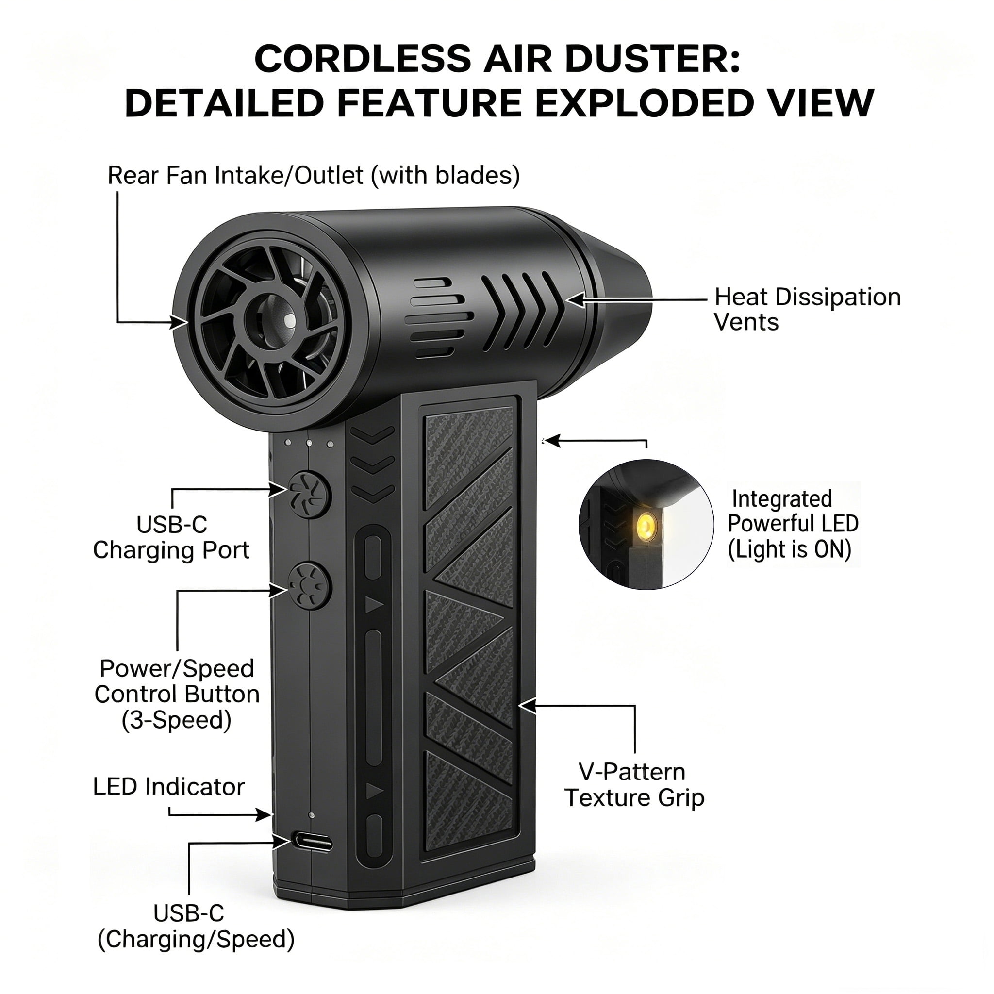 TOPKECH 3-Speed Electric Air Duster, 130,000 Rpm Cordless Compressed Air Duster for PC, Computer Keyboard and Electronics Cleaner, Black
