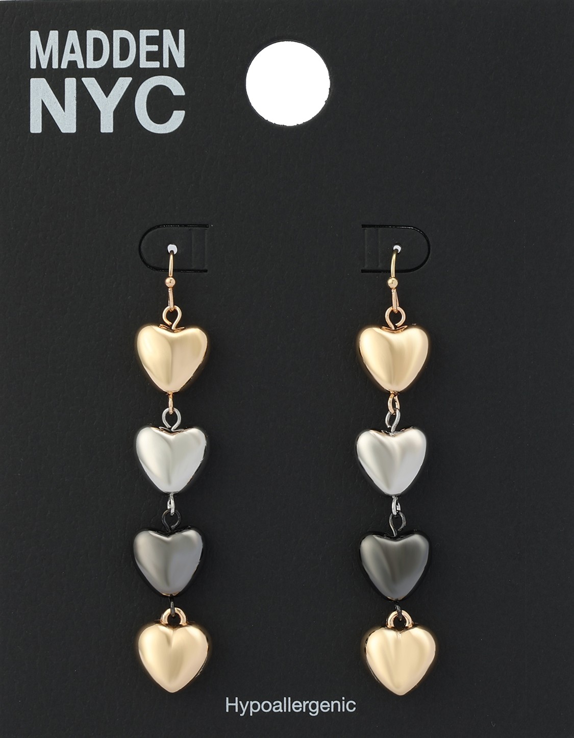 Madden NYC Women's Fashion Tri-Tone Puffy Heart Linear Earrings