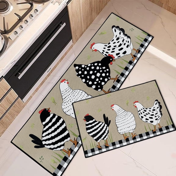Rooster Kitchen Rugs and Mats Non Skid Washable Set of 2, Cartoon Farmhouse Chicken Kitchen Mats for Floor, Black White Kitchen Runner Rug, Vintage Kitchen Decor