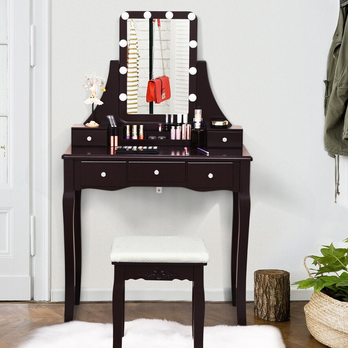 Gymax Vanity Dressing Table Set w/ 10 Dimmable Bulbs Touch Switch & Removable Box Brown