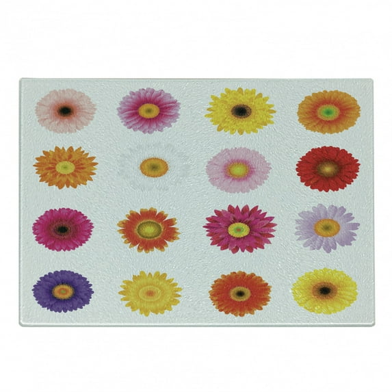 Gerber Daisy Cutting Board, Various Colorful Petals on Plain Backdrop Summer Flora Romance Print, Decorative Tempered Glass Cutting and Serving Board, in 3 Sizes, by Ambesonne