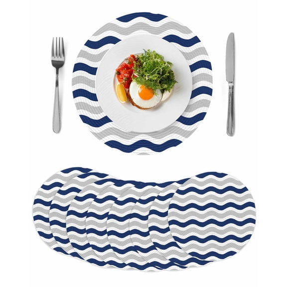 Navy Blue Grey White Round 13 Inch Placemats Set of 8, Abstract Geometric Ocean Wave Stripe HeatResistant Non Slip Place Mats for Dining Table, Wipeable Braided Kitchen Table Mats for Housewarming