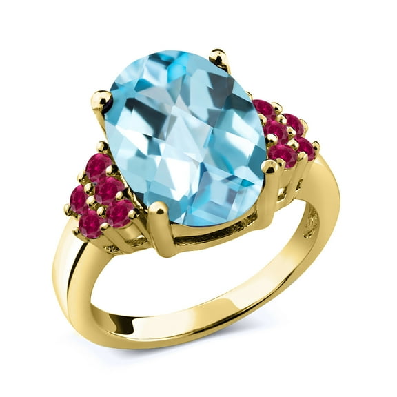 Gem Stone King 7.70 Ct Oval Checkerboard Sky Blue Topaz Red Created Ruby 18K Yellow Gold Plated Silver Ring (Size 7)