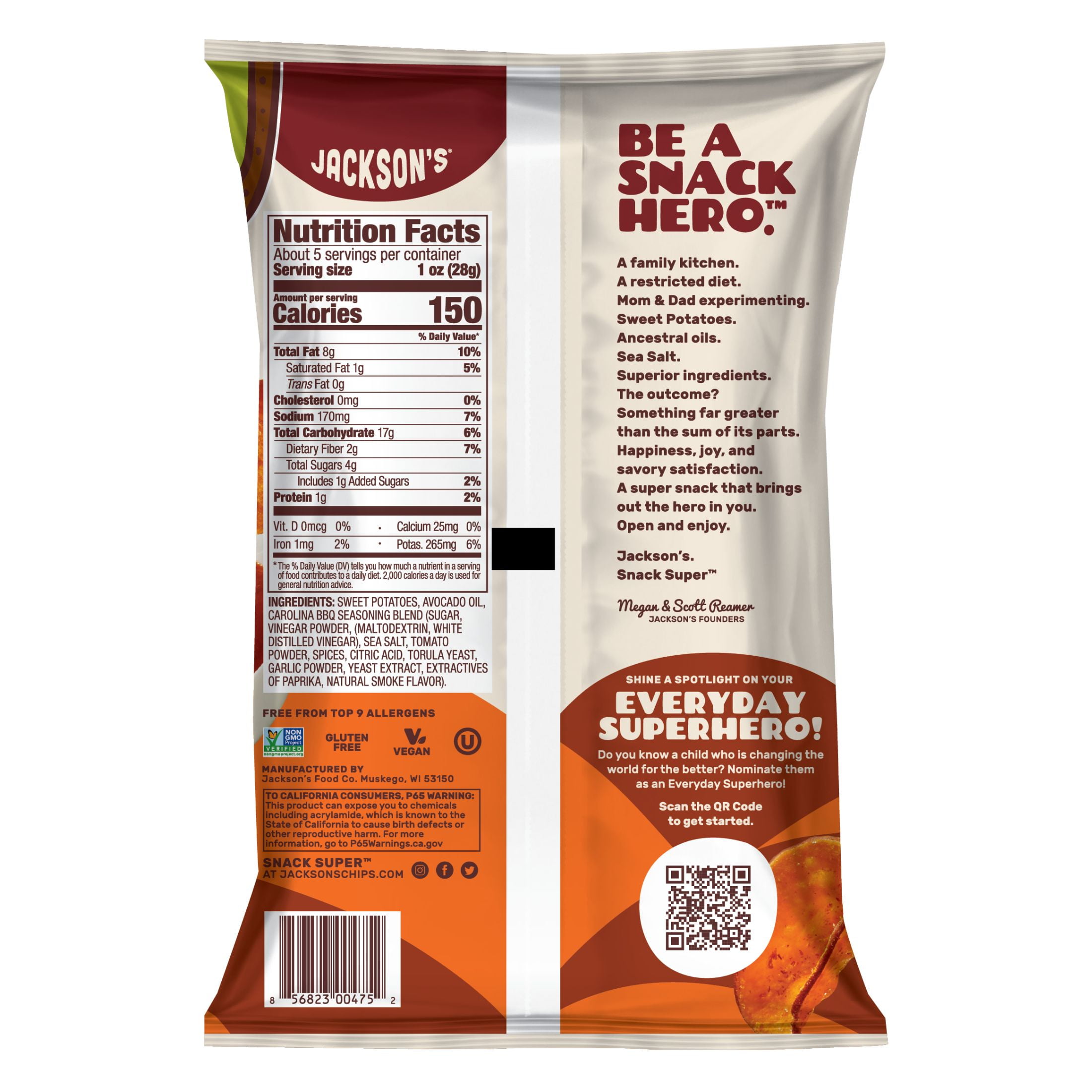 (3 pack) Jackson's Sweet Potato Carolina BBQ Kettle Chips, Avocado Oil, Free of Top 9 Allergens, 5 oz
