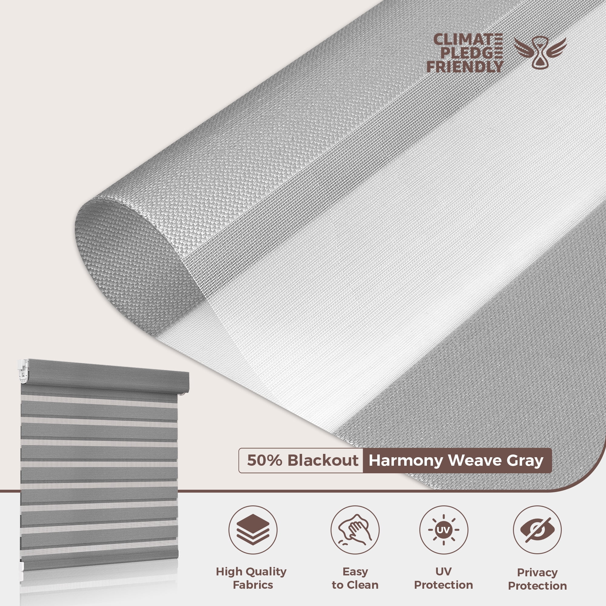 Allesin Zen No Drill No Tools Cordless Zebra Blinds, Gray, 34.5"Wx72"H
