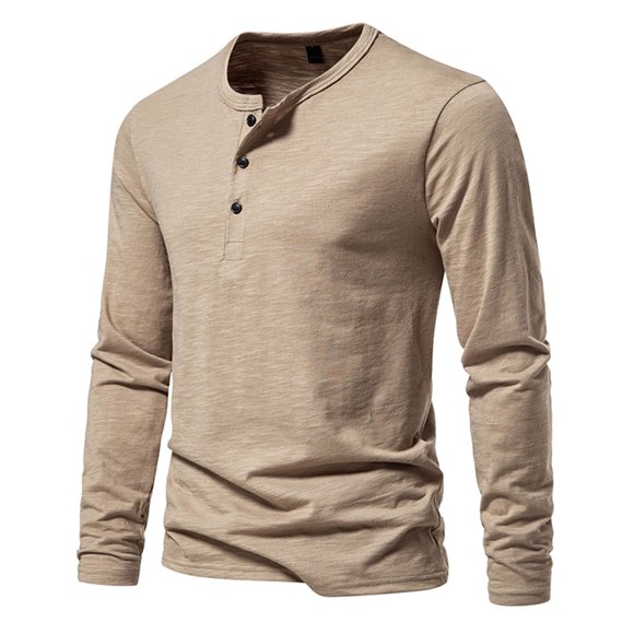 VALMASS T-Shirts Henley pour Hommes en Coton à Manches Longues, Décontractés, Couleur Unie, Col Rond, Hauts Doux Ajustés, T-Shirts à Boutons (S, Kaki)