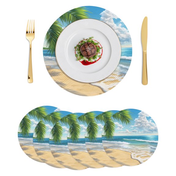 Round Placemats Ocean Beach Palm Trees 15 inch Set of 6 Table Mats for Dining Table Tropical Plants Heat Resistant Non-Slip Kitchen & Home Decorative Place Mat Set