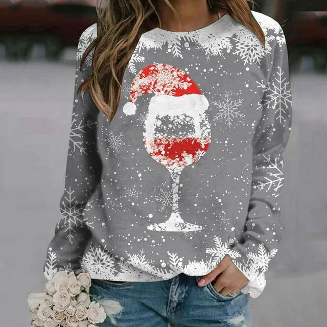 TIMIFIS Chandail en Molleton Oversize de Noël pour Femmes Décontracté Mignon Verre de Vin Rouge Flocon de Neige Imprimé Col Rond Chandail Cadeaux pour Noël