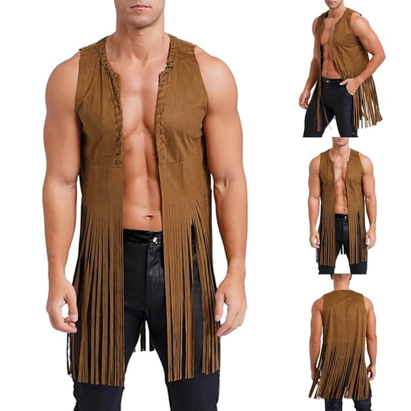 RYDCOT Mens Fringe Vest 70s Hippie Costume Faux Suede Sleeveless Tassel Long Cardigan Jacket Cowboy Western Tops Khaki